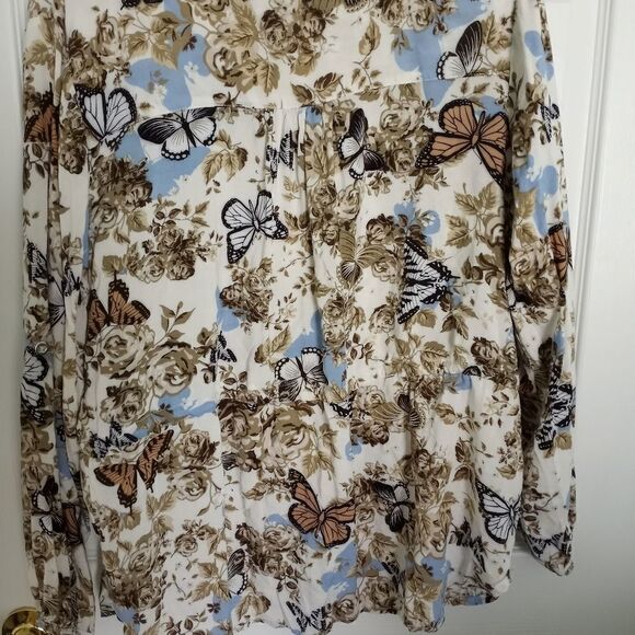 Iky me XL LngslvsButtrflyFloralPrintPocketsCord WaistV-neck100%RayonWomen'sTop. - Picture 9 of 9